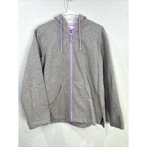 Quacker Factory Womens S Gray Purple Embellished Full-Zip Hooded Sweatshirt Cozy
